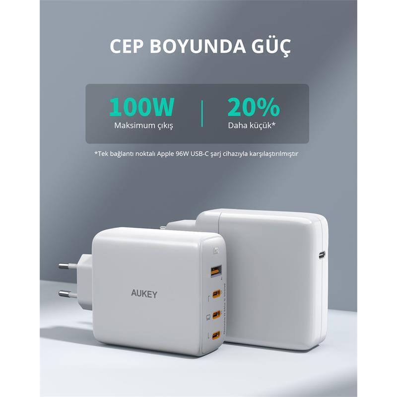 AUKEY  PA-B7S-WH 100W DÖRT BAĞLANTI NOKTALI PD GAN DUVAR ŞARJ CİHAZI 