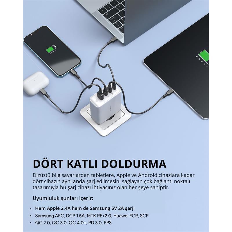 AUKEY  PA-B7S-WH 100W DÖRT BAĞLANTI NOKTALI PD GAN DUVAR ŞARJ CİHAZI -97240
