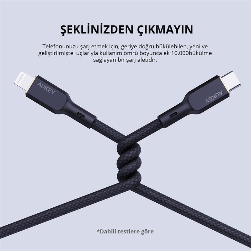 AUKEY  CB-NCL1-BK NAYLON ÖRGÜLÜ 3A 480MBPS TYPE-C LIGHTNING KABLOSU 1.8MT -97243