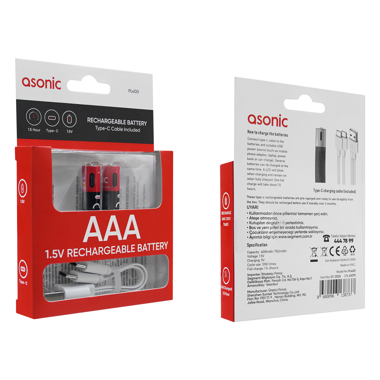 ASONIC ASONIC PL400, AAA, Şarjlı Pil, 1.5Volt, 400mAh/750mwh, Type-C ile Kolay Şarj,  2 li Paket (USB To Type-C Kablo Hediye)-95228