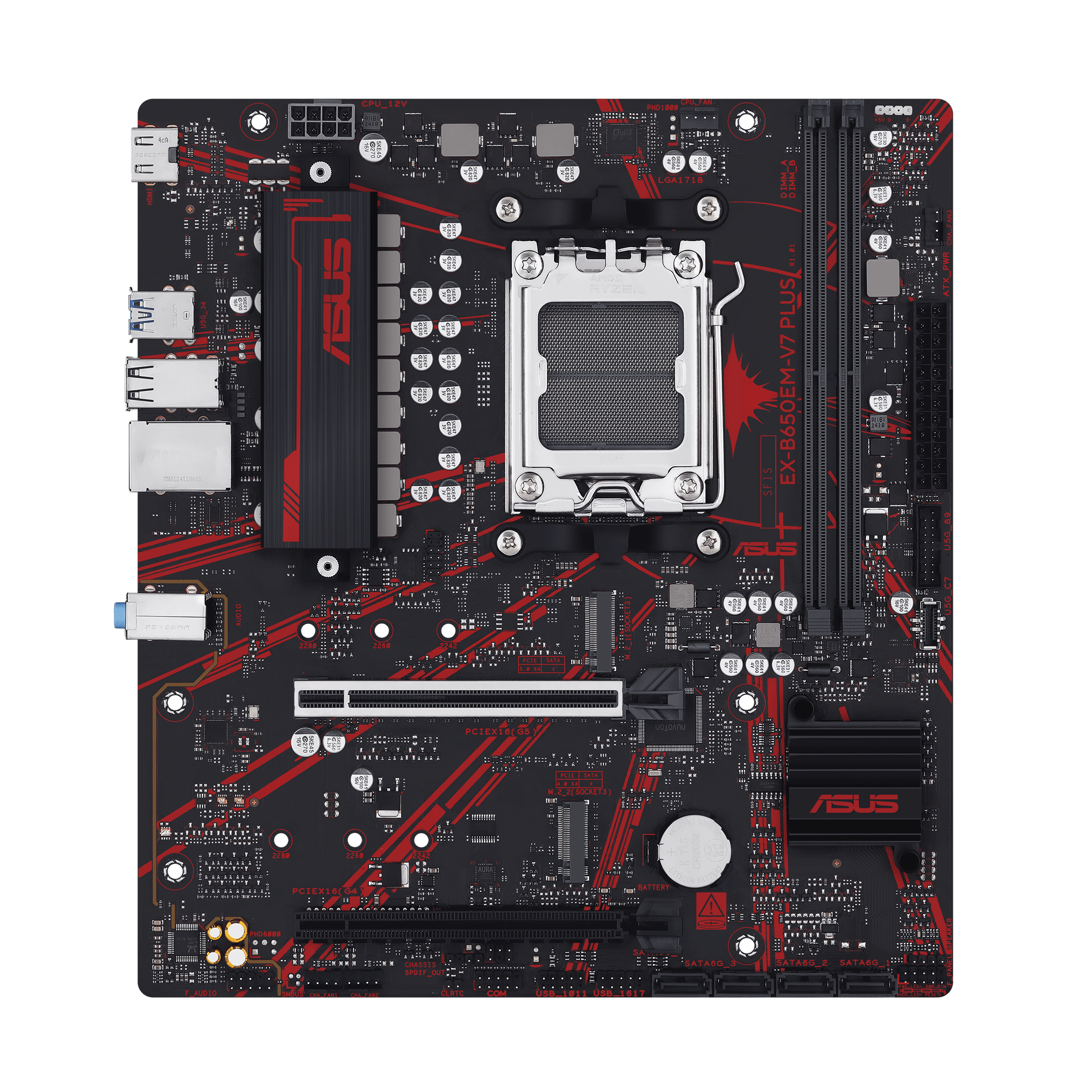 ASUS MB EX-B650EM-V7 PLUS AMD B650 AM5 DDR5 8400 HDMI 2x M2 USB3.2 2.5Gbit LAN mATX 128GB’a kadar ram desteği, ASUS MB 5X PROTECTION III, ASUS MB iCafe labs sertifikalı-90562