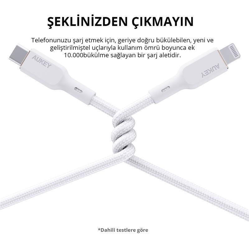 AUKEY  CB-NCL1-WH NAYLON ÖRGÜLÜ 3A 480MBPS TYPE-C LIGHTNING KABLOSU 1.8MT 