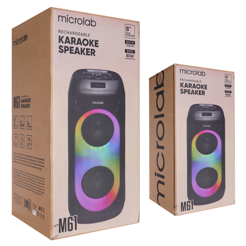 MICROLAB MICROLAB M61, 80W, Taşınabilir, BT/USB/AUX/TF/TWS, RGB Işıklı, 2400mAh Batarya, 2adet VHF Mikrofon, Karaoke/Parti, Bluetooth Speaker,-88825