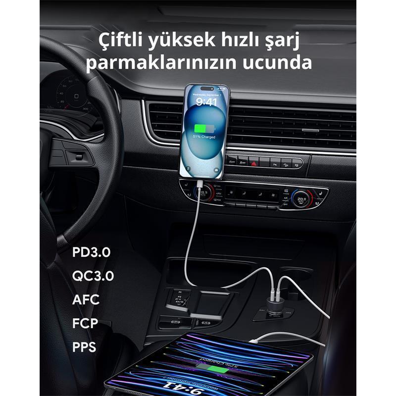 AUKEY  CC-Y23-BK 65W İKİ TYPE-C PD ARAÇ ŞARJ CİHAZI -97257