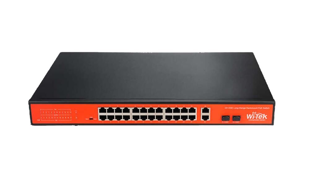 WI-TEK Wi-Tek WI-PS526GH 26 Port Mbit 24 Port PoE+ 185W 1xGbit+1xSFP Uplink Rackmount Yönetilemez Switch