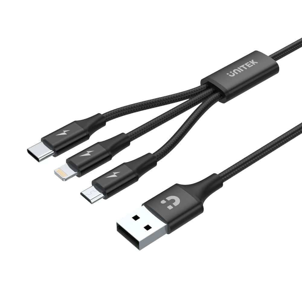 UNITEK USB-A 3in1 HIZLI ŞARJ KABLOSU 1.2MT 2.4A MICRO USB, TYPE-C, LIGHTNING (C14049BK)