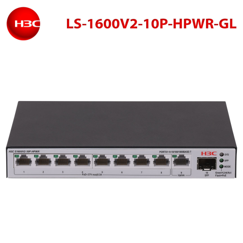 H3C H3C S1600V2-10P-HPWR, 8 Port, GigaBit, PoE 125W, L2, 1 Port GigaBit Uplink, 1 Port GigaBit SFP, Web Yönetilebilir, Masaüstü Switch
