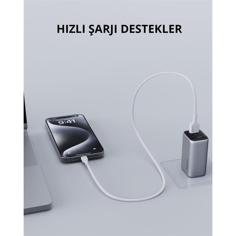 AUKEY  CB-BAL7-WH NAYLON ÖRGÜLÜ USB-A LİGHTNİNG KABLOSU 0.9MT -97271