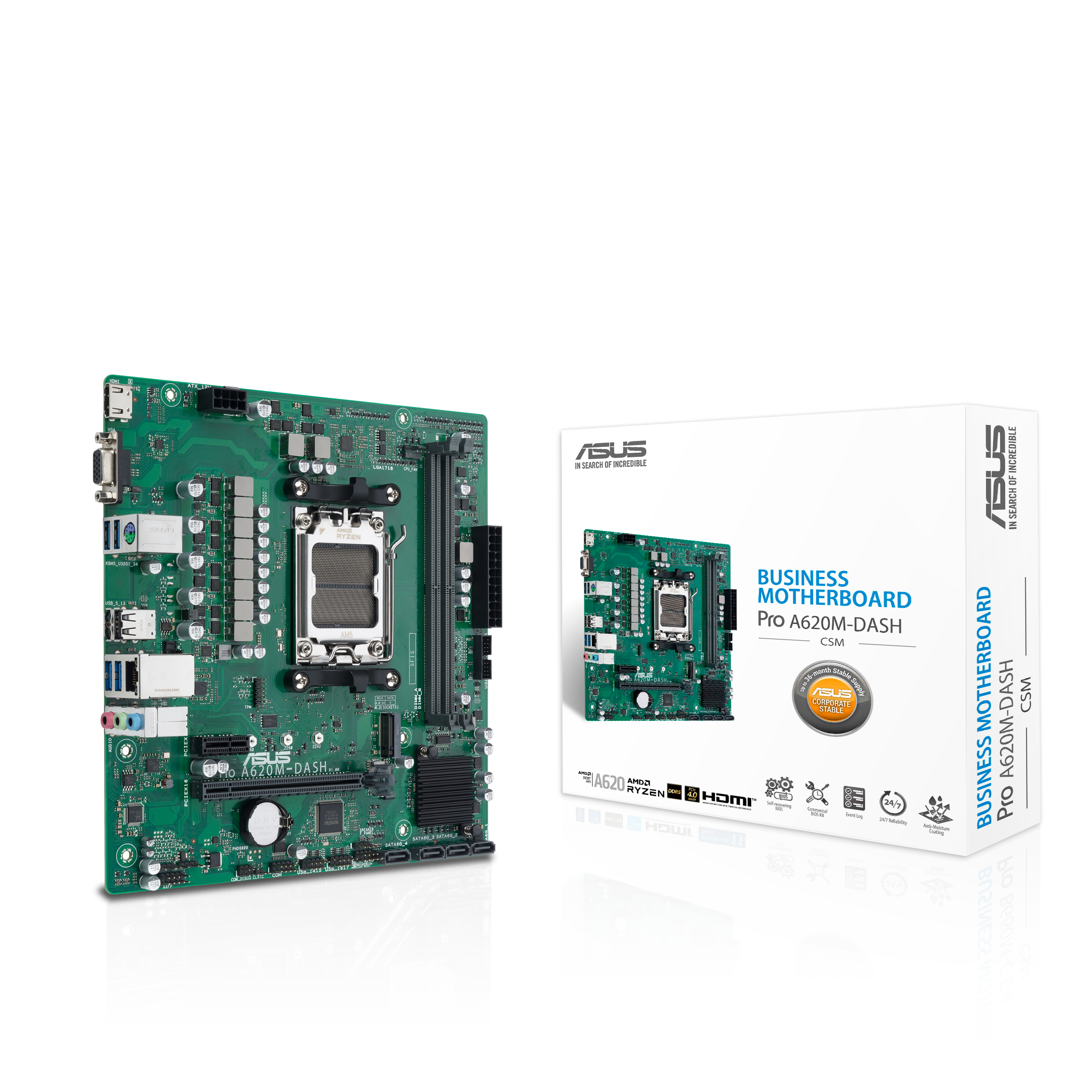 ASUS  PRO A620M-DASH-CSM AMD A620 AM5 DDR5 6400 HDMI VGA M2 USB3.2 mATX DASH destekli network bağlantısı ASUS 5X PROTECTION III