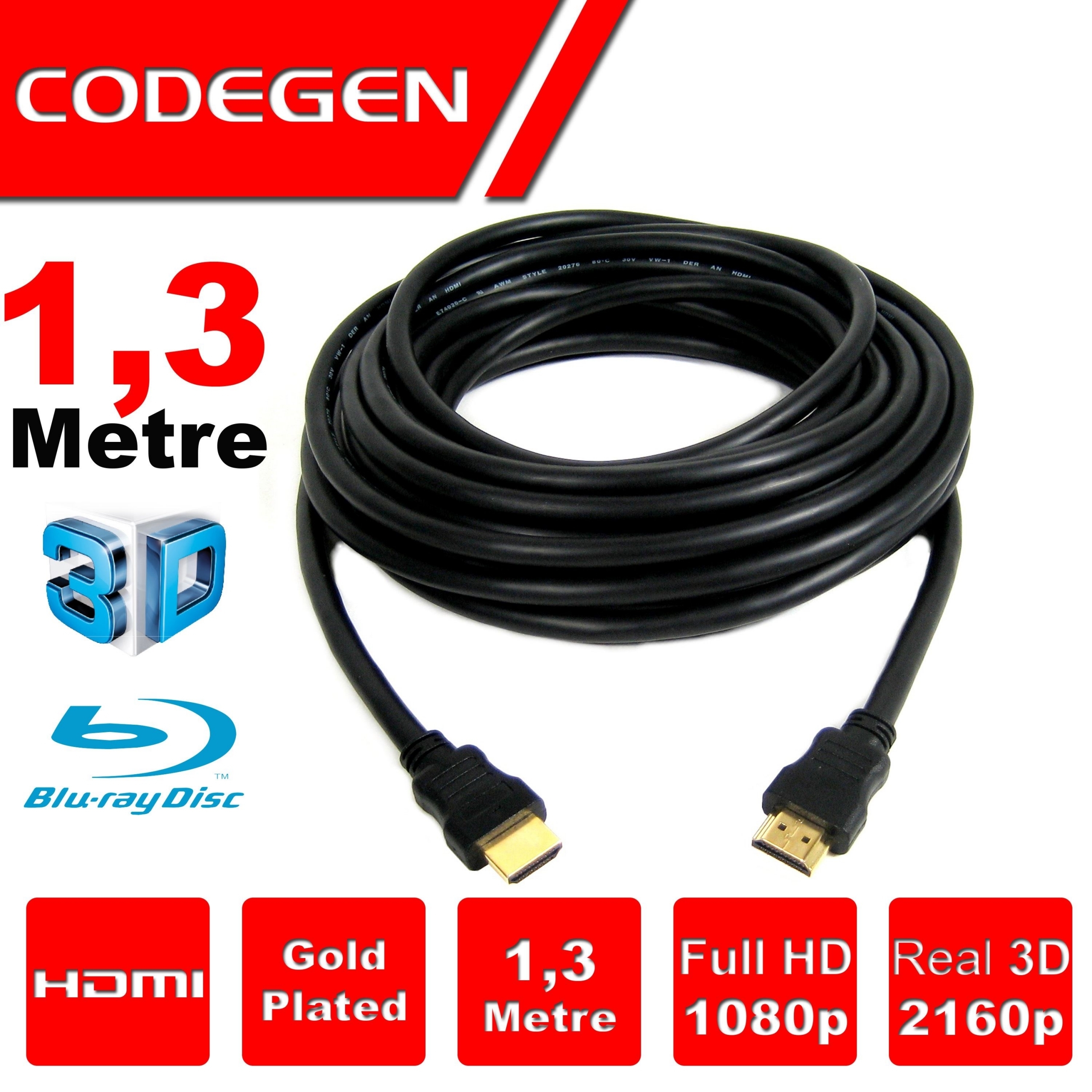 CODEGEN CPS13 1,3 Metre HDMI v1.4 1,3 mt, 3D, Ağ Destekli, Altın Uçlu HDMI Kablo