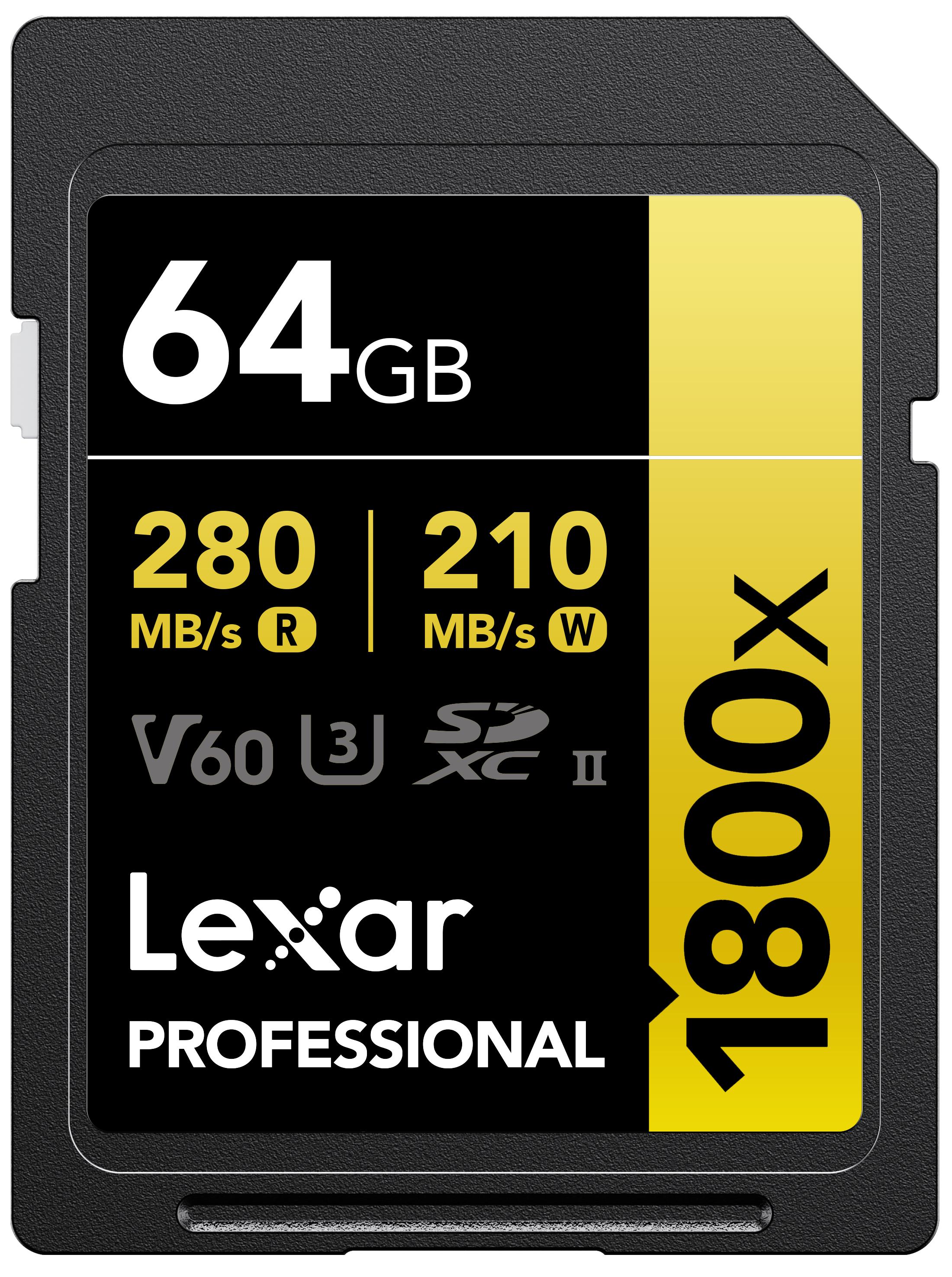 LEXAR LEXAR 64GB LSD1800064G-BNNNG SD PROFESSIONAL 1800X SDXC UHS-II CARDS UP TO 280MB/S READ 210MB/S WRITE C10 V60 U3