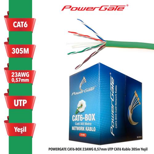 POWERGATE  CAT6-BOX-GN, 23AWG 0,57mm, UTP, CAT6 Kablo, 305m, Yeşil