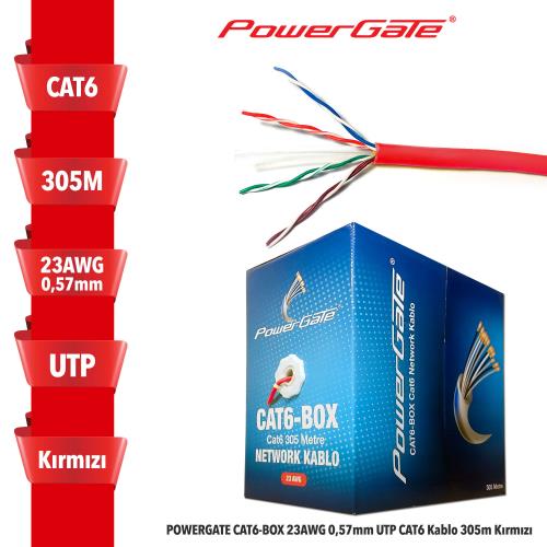 POWERGATE  CAT6-BOX-RE, 23AWG, 0,57mm, UTP, CAT6 Kablo, 305m, Kırmızı