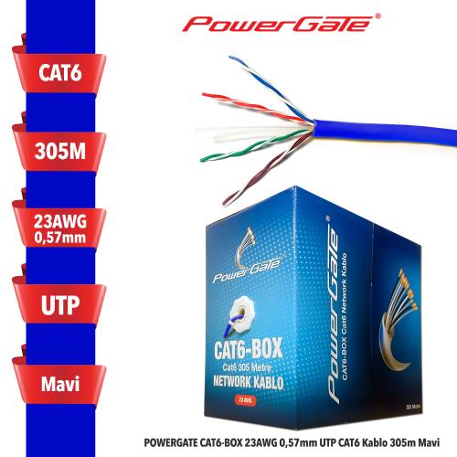 POWERGATE  CAT6-BOX-BL, 23AWG 0,57mm, UTP, CAT6 Kablo, 305m, Mavi