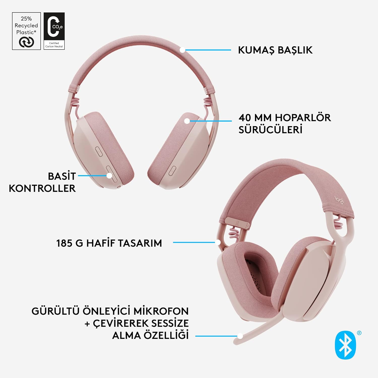 LOGITECH Zone Vibe 100 pembe Kablosuz bilgisayar Kulaklığı.-29759