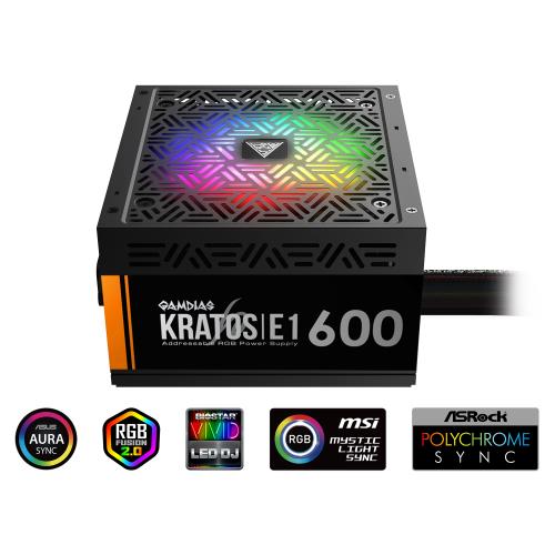 GAMDIAS  GAMDIAS KRATOS E1-600, 600W, RGB, GAMING, ATX, Power Supply (PSU) 