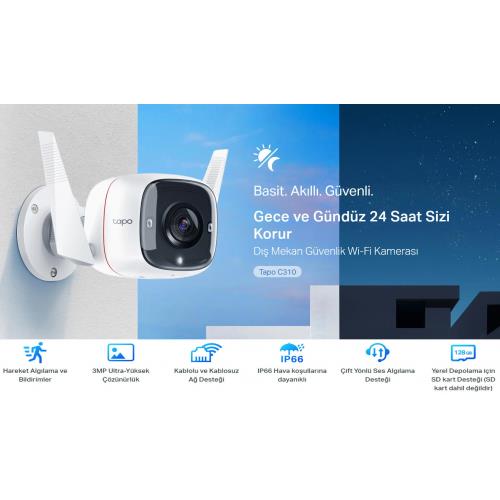 TP-LINK  Tapo C310, 3,0Mpix, İç ve Dış Mekan, IP66, WiFi, 30Mt. Gece Görüşü, İki Yönlü Ses Güvenlik Kamerası-49620