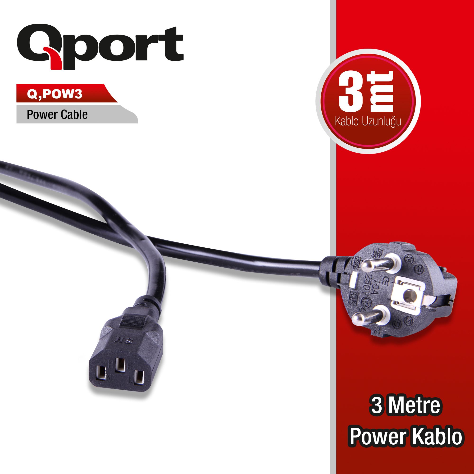 QPORT Q-POW3 QPORT Q-POW3 3 METRE PC POWER KABLOSU