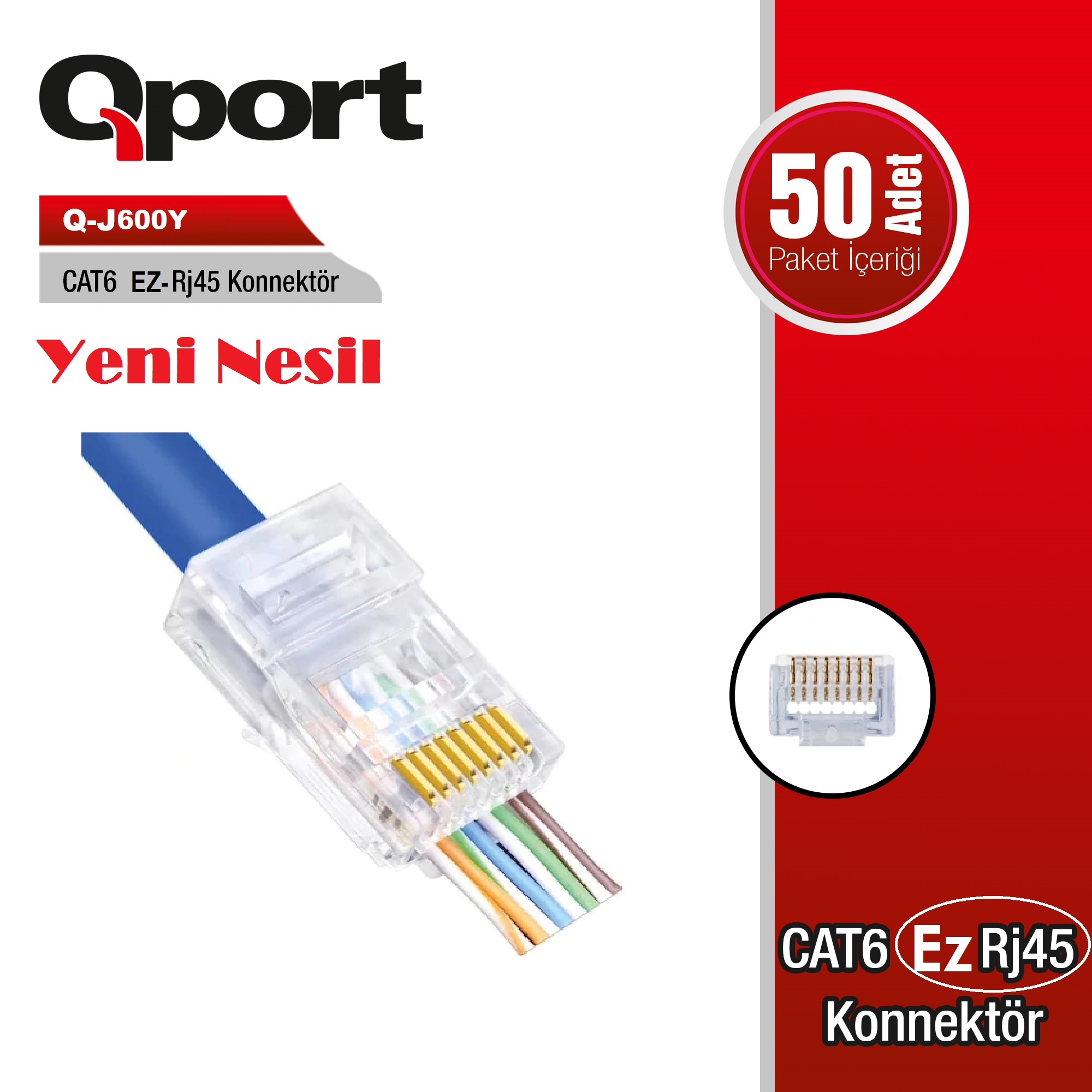 QPORT Q-J600Y CAT6 50 ADET EZ-RJ45 YENI NESIL KONNEKTOR